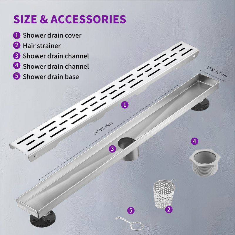 36 In. Stainless Steel Linear Shower Drain With Square Pattern Drain Cover In Brushed Nickel, Brushed Nickel