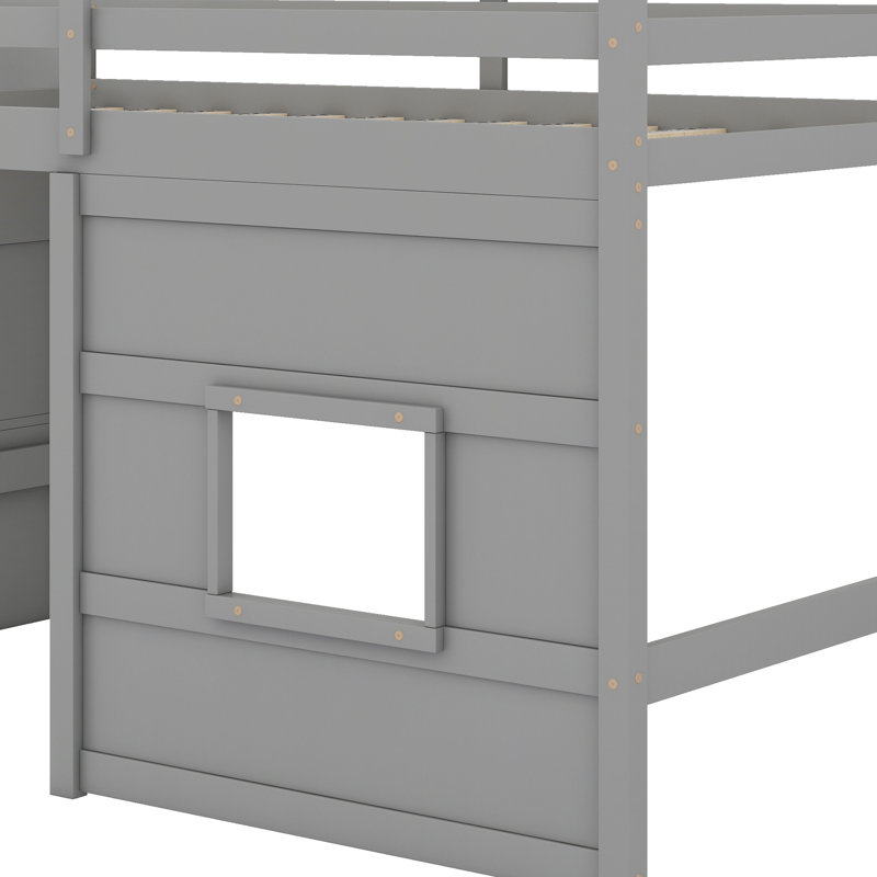 Space-Saving Designed Loft Bed With Storage Staircase And Window, Gray