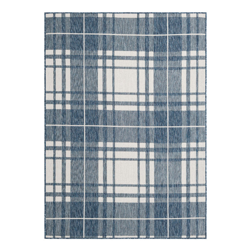 Tapis bleu / blanc en polypropylène tissé à la machine Tereon, Rectangle 5 pi 1 po x 7 pi 1 po