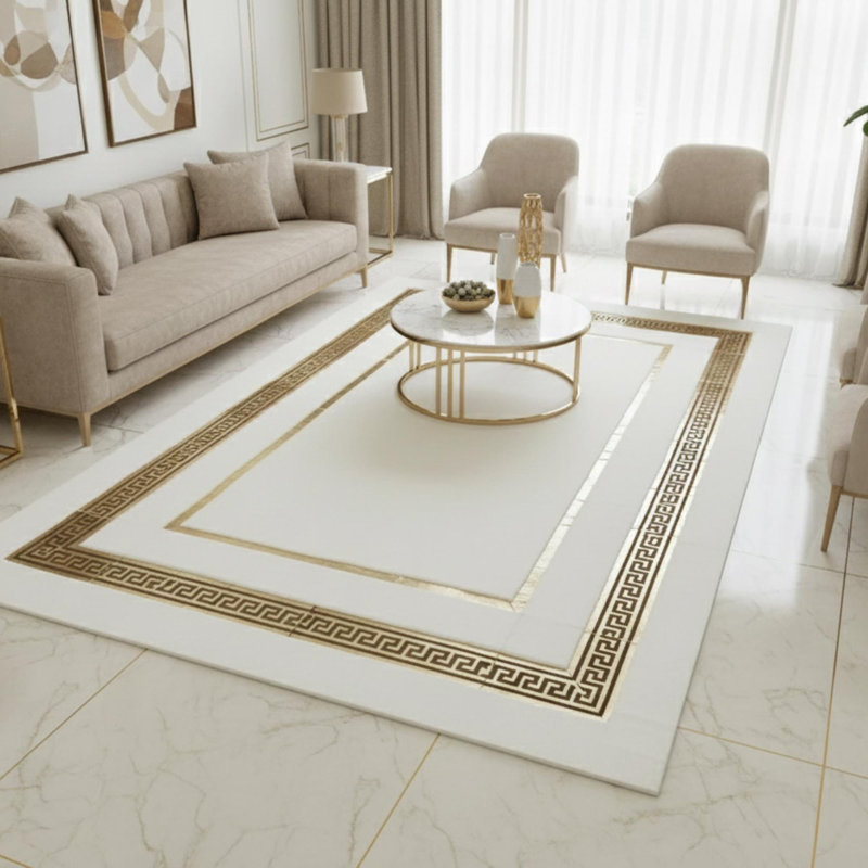 Tapis blanc en fausse fourrure, bordure géométrique dorée, Rectangle de 10 pi x 14 pi