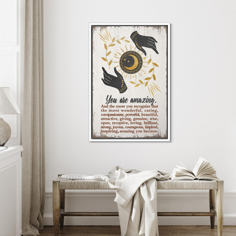 Golden Sun and Moon With Hands Inspirational Abstract Contemporary Relax / Calm, reproduction sur toile, Cadre blanc