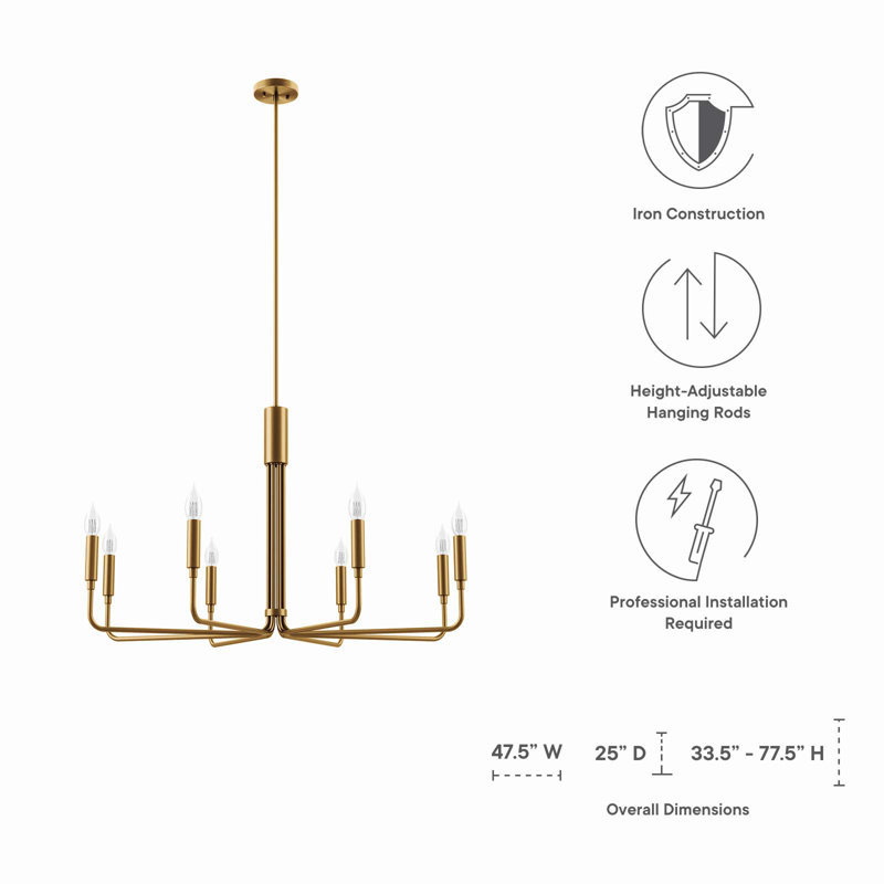 Satin Brass 8-Light Candle Chandelier with Adjustable Rod