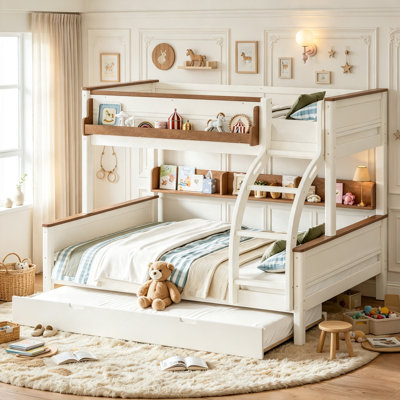 Convertible Bunk Bed with Trundle and Storage Shelf, Heavy Duty Wood Bunk Bed with Safety Ladder for Kids Teens Adults, Twin Over Full Size, Beige+Natural