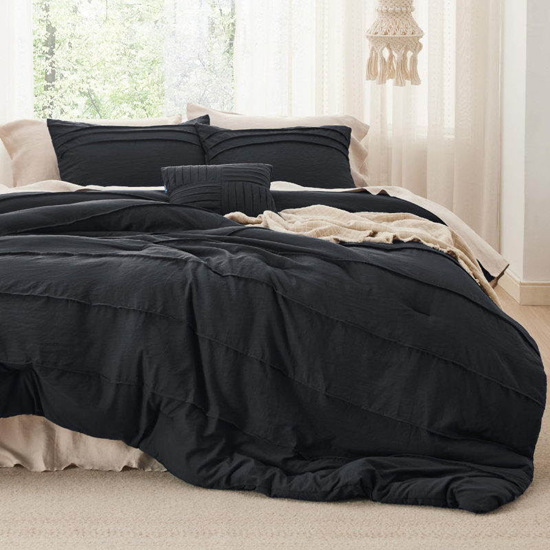 Bedsure Pinch Pleat Comforter Set Boho Bed-in-A-Bag Bedding Set with  Pillowcases for All Season, Black