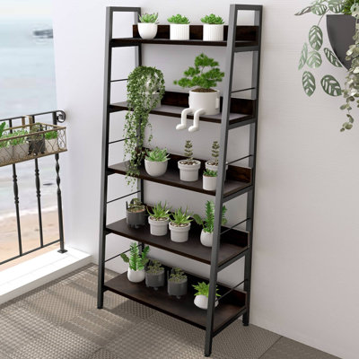 Industrial Ladder Shelf, Rustic 5 Tier Leaning Bookshelf, Wood Metal Ladder Bookcase, Plant Flower Stand Rack Book Storage Shelves For Living Room, Be