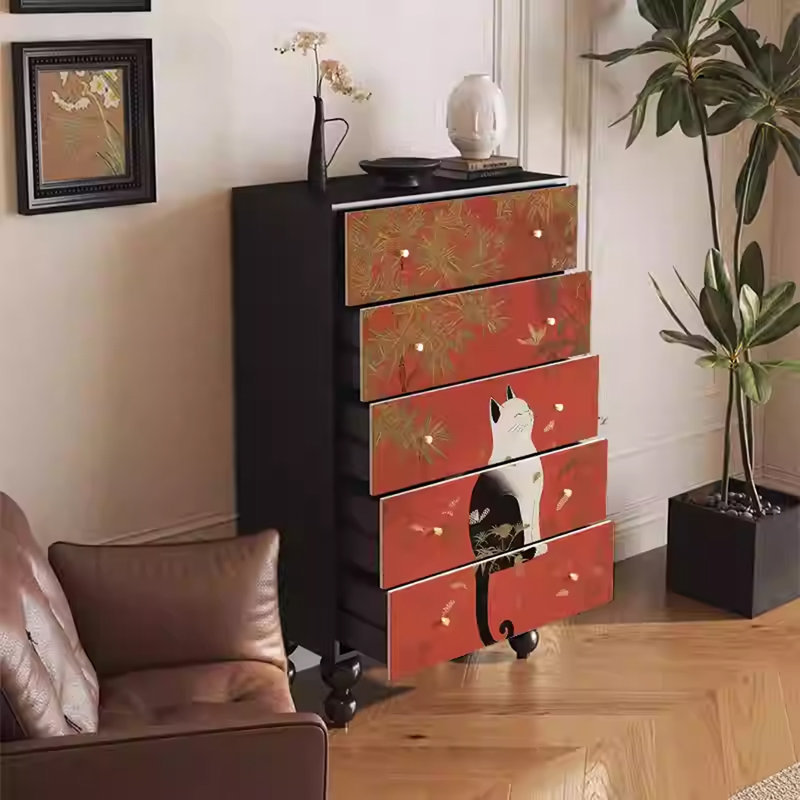 Armoire de rangement à cinq tiroirs avec cadre en noyer