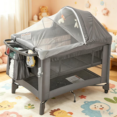 5-in-1 Baby Bassinet & Playard with Diaper Changer, Portable Bedside Sleeper, Mattress, Toy Bar & Mosquito Net, Folds for Travel