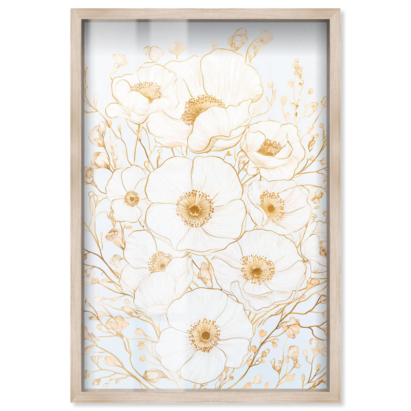 «White and Gold Poppies II Shadowbox Print», art floral élégant par Art Remedy, H 31 po x l 21 po, Noir