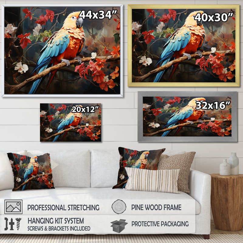 Perroquets harmonie en rouge II - impression d'art mural perroquet, Cadre photo doré simple, H 30 po x l 40 po x P 1,5 po