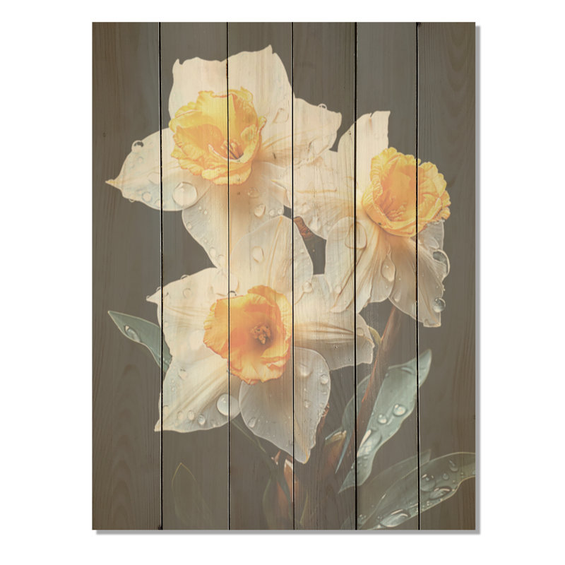 «Dewy Daffodils At Sunrise» - Art mural en bois jonquilles sur bois de pin naturel, H 32 po x l 24 po