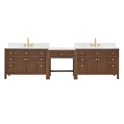 Ensemble de meuble-lavabo double 126 po et meuble-lavabo Cerrito en chêne brossé brun avec comptoir en pierre blanche