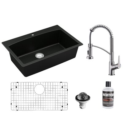 Karran Quartz 33'' X 22'' Single Bowl Drop-in Kitchen Sink With KKF210 Faucet in Stainless Steel -  QT712BL210SS