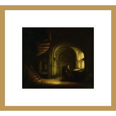 Philosophile avec un livre ouvert par Rembrandt van Rijn - Estampe numérique encadrée
