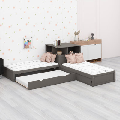 Lit plateforme en L avec bureau intégré, rangement dissimulé, lit d'invité escamotable et éclairage à DEL intégré