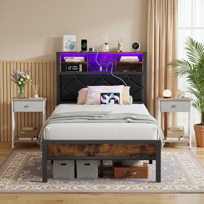 Ensemble de chambre à coucher rembourrée, lit plateforme avec éclairage à DEL et 2 tables de chevet, tête de chargement USB / Type-C, lit de rangement, assemblage facile