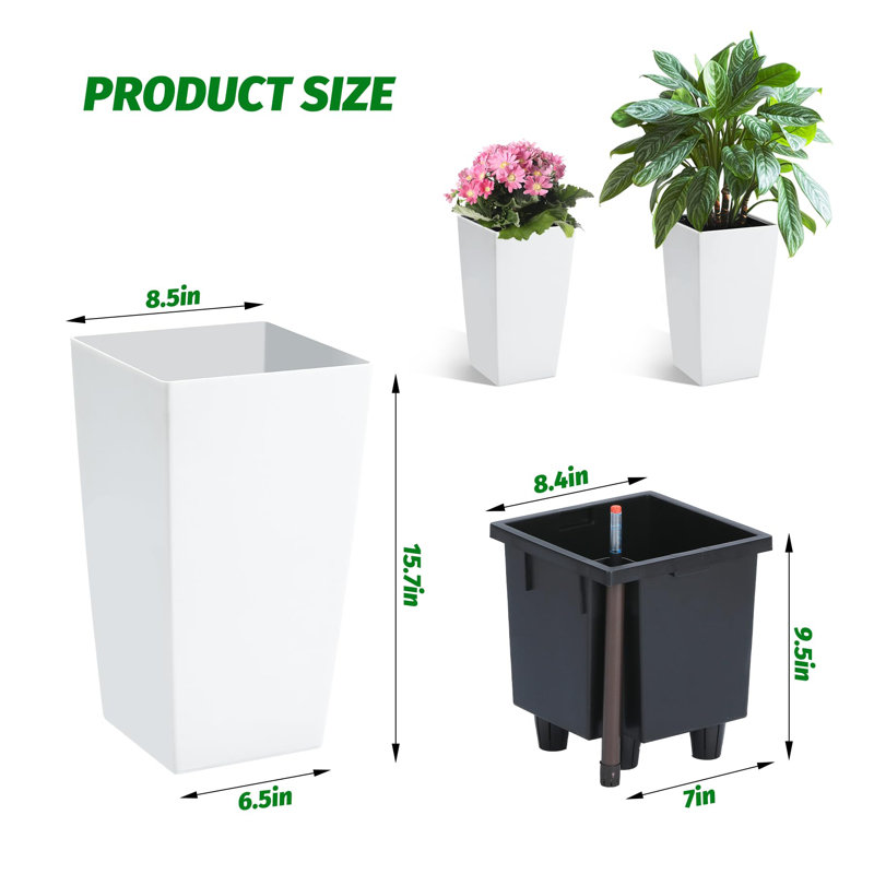 16" Tall Planters Set of 2 White Rectangle High Front Porch Planter Pots with Drainage Holes,  21.5" H x 11.5" W x 11.5" D