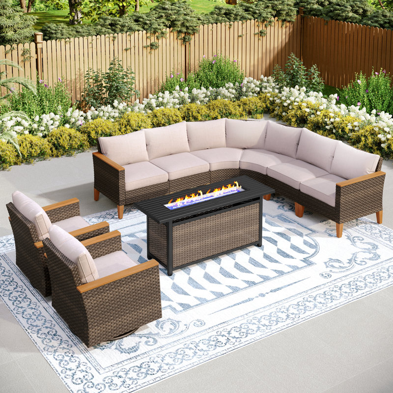 Argyri Outdoor Wicker Patio Conversation Furniture Set With Swivel Chairs And Firepit Table