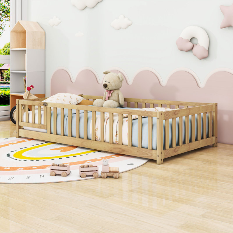 Wood Low Platform Bed With Fence Door And Guardrails, Natural, Twin