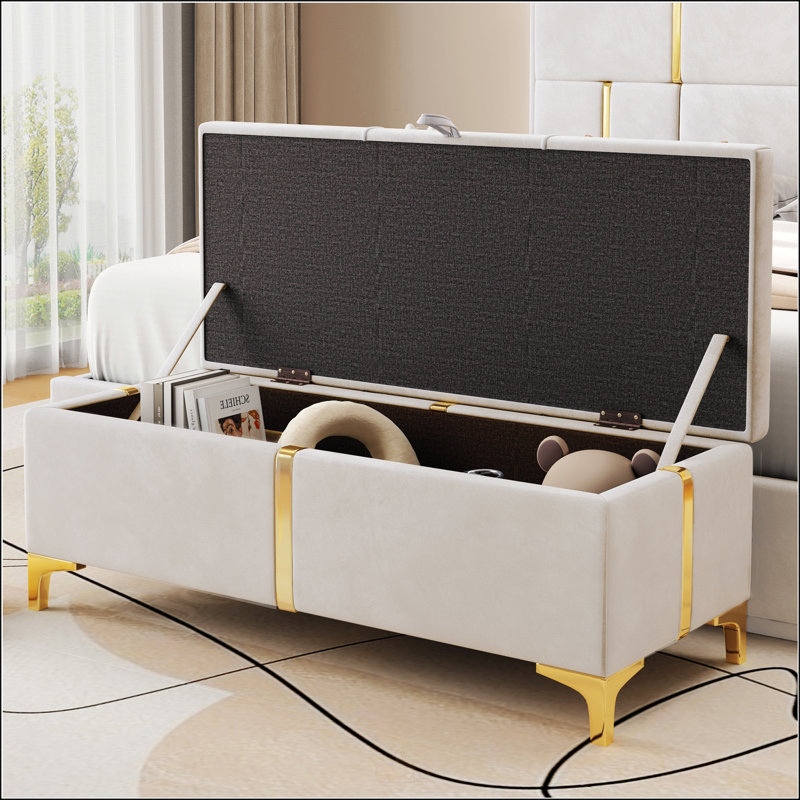 Élégant repose-pieds de rangement rembourré avec pieds en métal pour la chambre à coucher et le salon, entièrement assemblé sauf les pieds