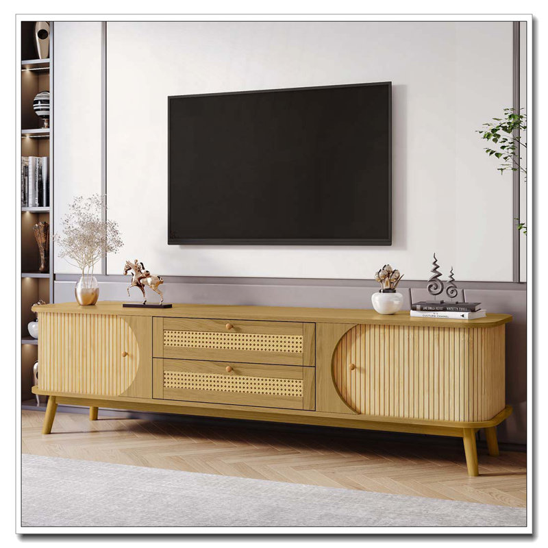Rattan TV Stand for TVs up to 75'', Modern Farmhouse Media Console, Entertainment Center with Solid Wood Legs, Natural