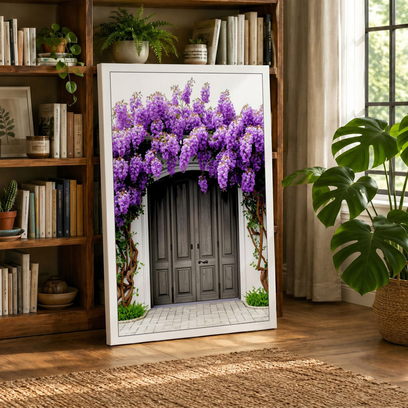Purple Blooms at the Door Coastal - Wrapped Canvas, 24x16 - 61.0 x 40.6 cm, Taupe Border