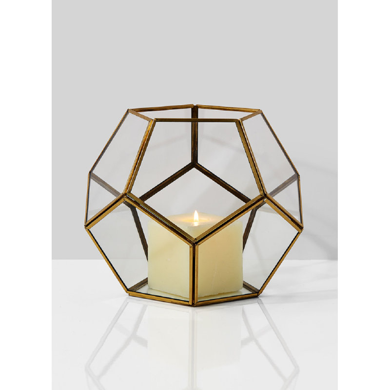 Lanterne en verre et métal en nid d’abeille, H 9,5 po x l 3,1 po x P 11 po