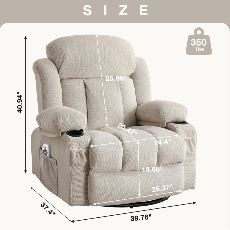 Swinging Recliner Massage Heated Sofa, With USB And 2 Cup Holders In Side Pockets, Beige