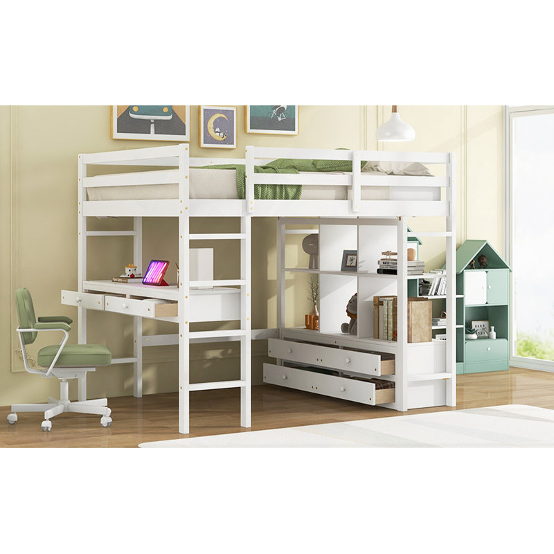 Lit mezzanine double avec bureau intégré avec deux tiroirs et tablettes et tiroirs de rangement