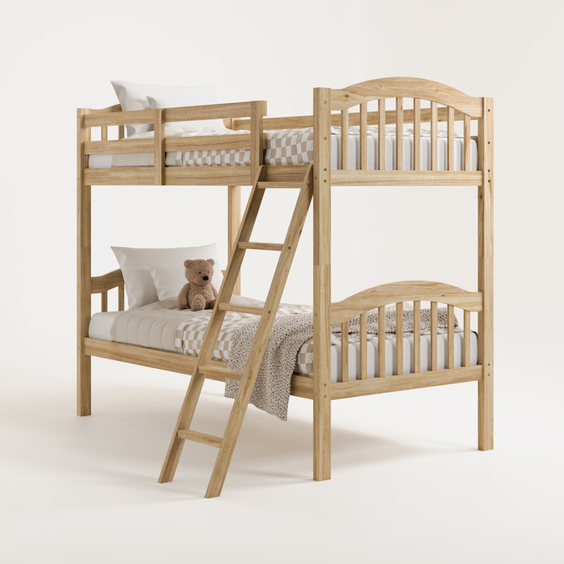 Natural Twin Over Twin Wood Bunk Bed with Ladder and Guardrails