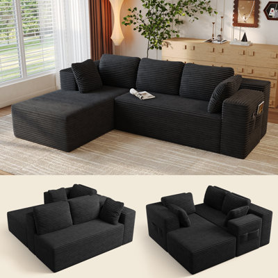 Canapé en L mobile, aucune installation requise, chaise ergonomique en velours côtelé, poches de rangement latérales et éponge à haute résilience 32D
