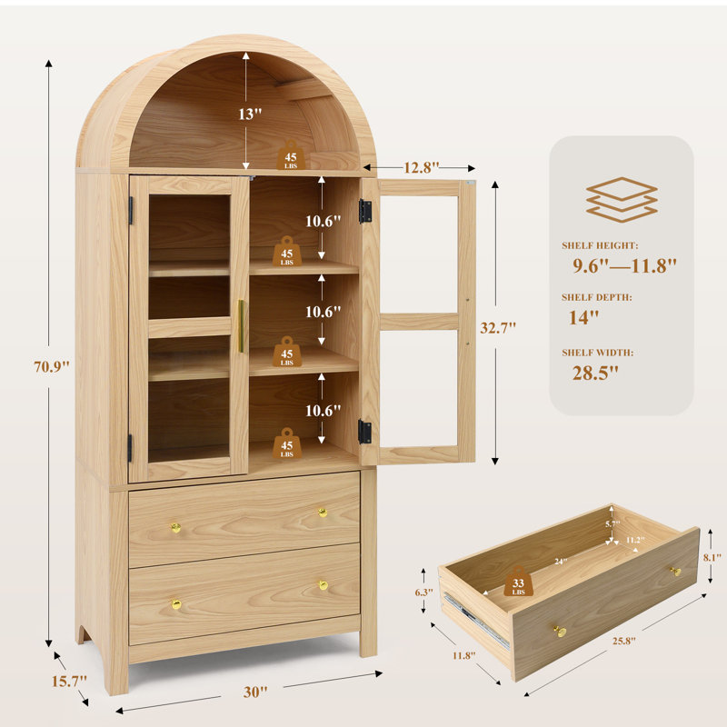 71" Modern Wooden Pantry Cabinet with Adjustable Shelves and Spacious Drawers for Kitchen Storage, Bois naturel