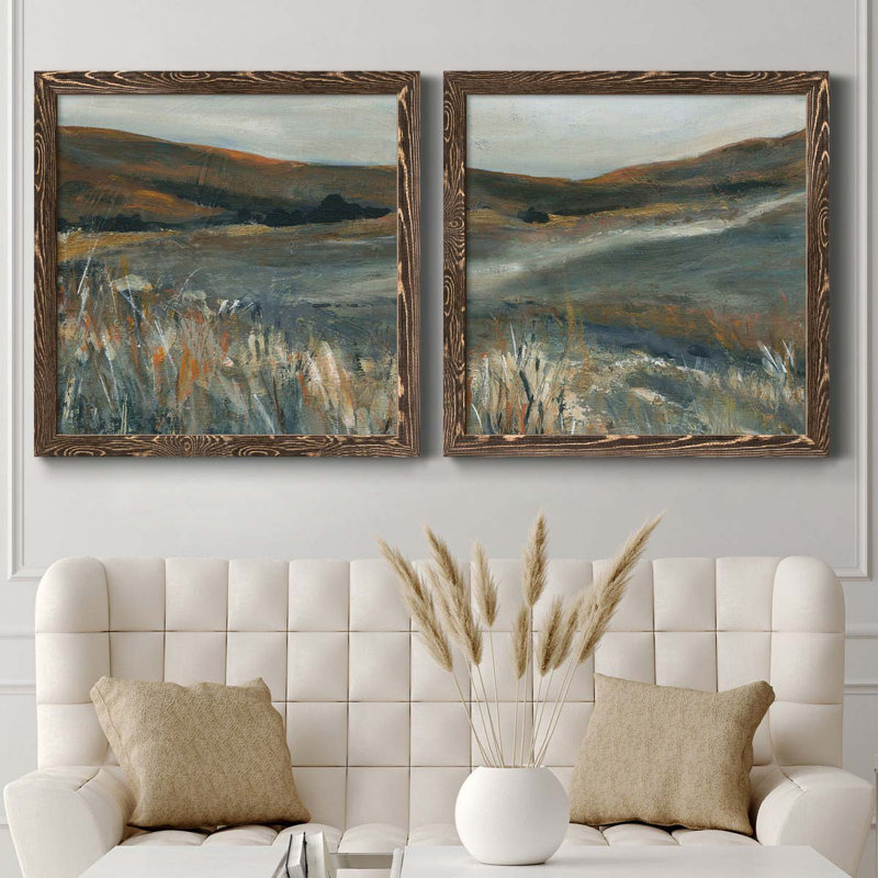 «Copper Dusk I», ensemble de 2 peintures sur toile encadrées, Encadré de bois de noyer, H 31,5 po x l 63 po x P 1,5 po
