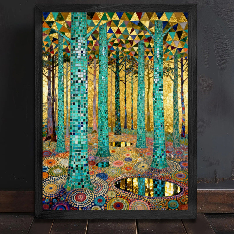 Art mural encadré noir de style forêt dorée de style Gustav Klimt, impression de cadre bohémien Art Nouveau, H 11 po x l 9 po