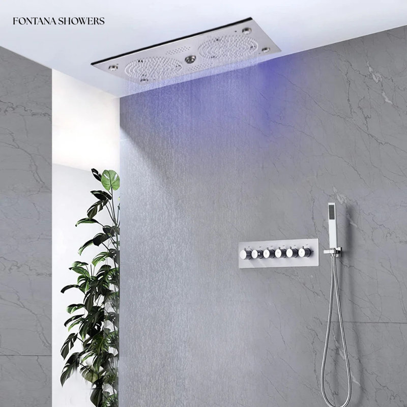 Système de douche thermostatique encastré gris Gunmetal avec DEL et jets