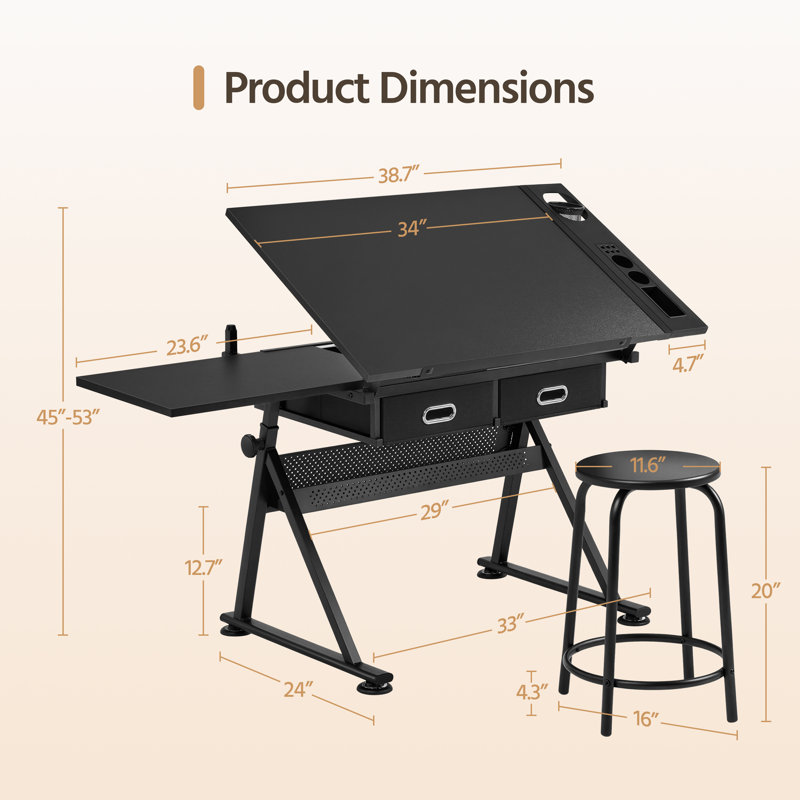 Ensemble de table à dessin et tabouret avec angles et hauteurs de table réglables, Noir