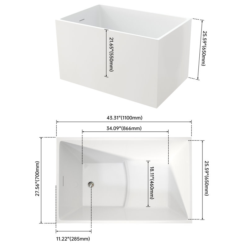Baignoire autoportante brillante de 43 po, baignoire carrée confortable avec siège, haute et longue durée, conception spacieuse pour un emplacement flexible.