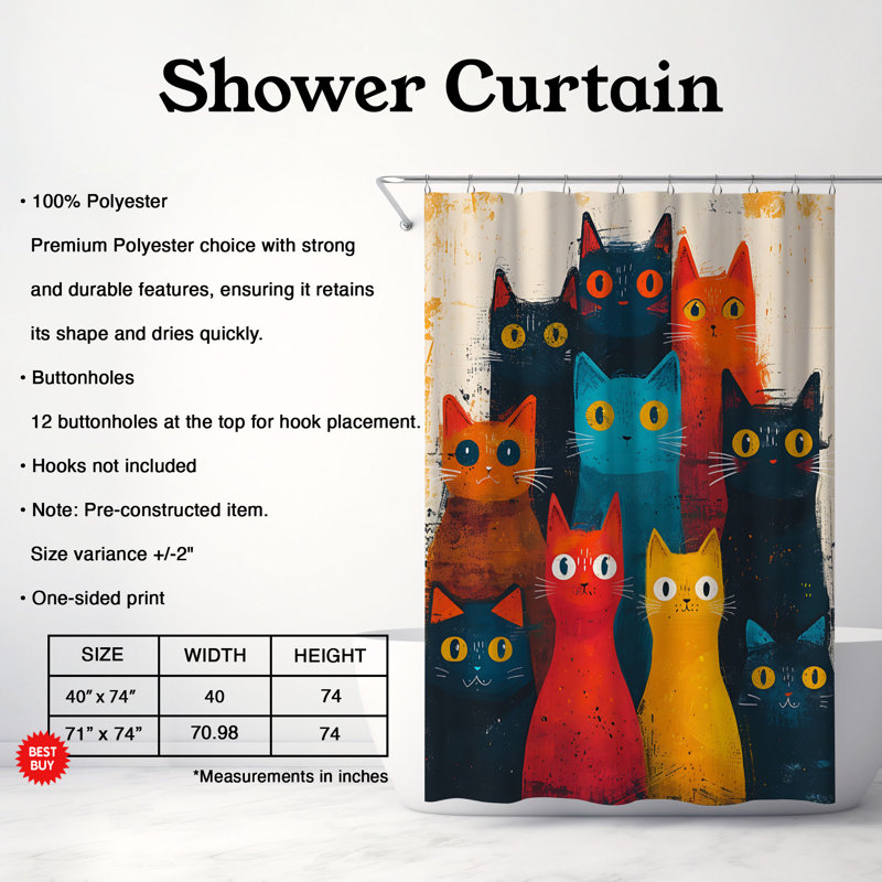 Toile chat - Rideau de douche standard 1 pièce, H 74 po x l 40 po