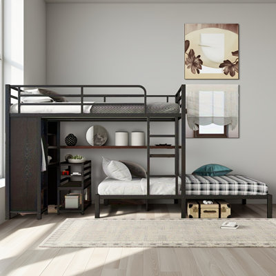 Queen Over Queen Metal Bunk Bed With Built-in Wardrobe, Desk & Storage Stool, All-in-one Space-saving Bunk Bed Frame In Black