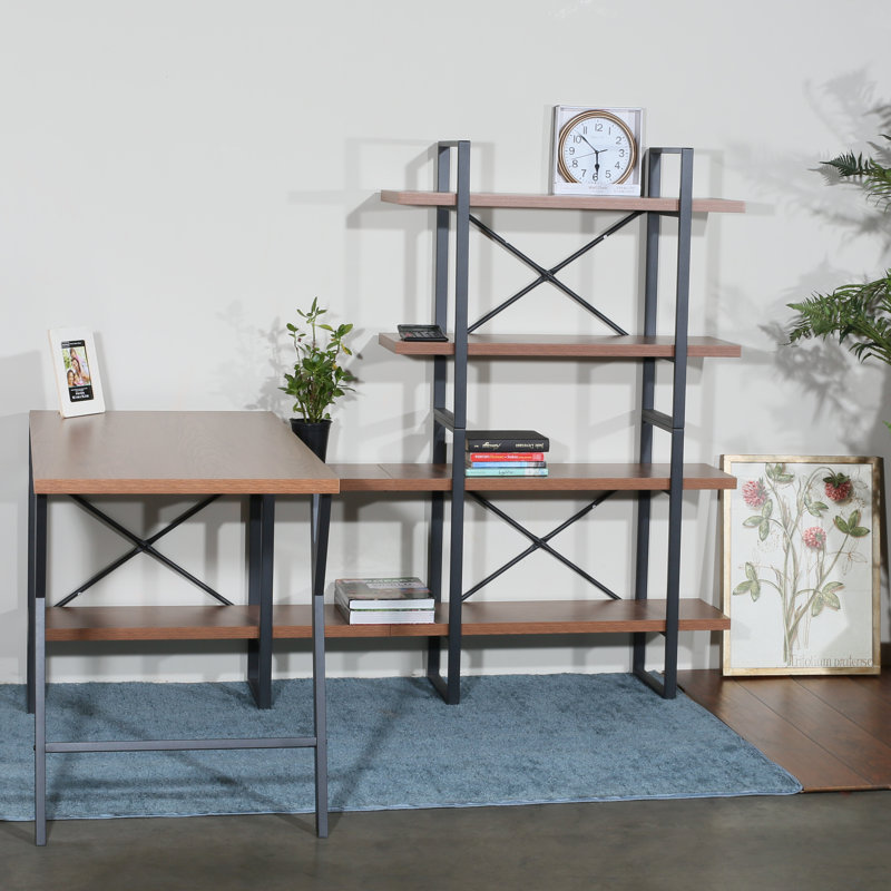 Walnut Wood L-Shaped Writing Desk with Shelves