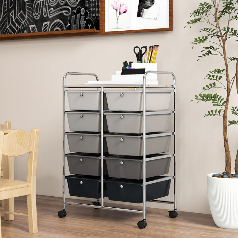 Milin 10 Drawer Storage Drawer with Locking Wheels, Black/Gray