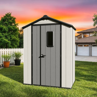 Remise de rangement extérieure en résine 5 pi x 3 pi, remise à outils de jardin résistante aux intempéries avec fenêtre transparente et porte verrouillable, maisonnette de jardin toutes saisons
