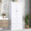Armoire de rangement haute pour salle de bain, armoire avec deux portes et tiroirs, tablette réglable, panneau de fibres à densité moyenne, blanc, deux ensembles