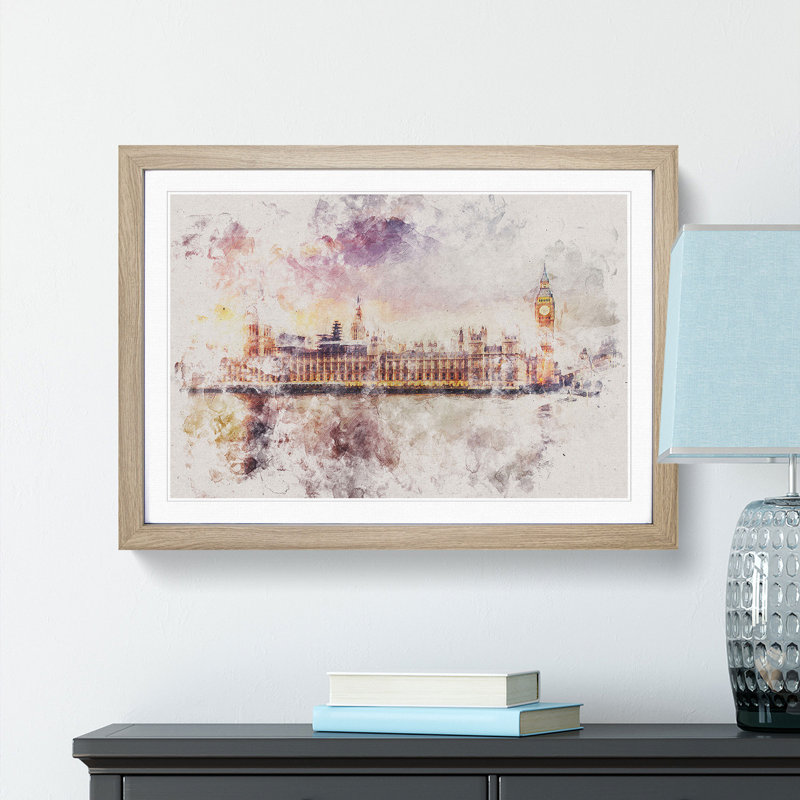 Big Ben & Houses of Parliament Watercolour - Picture Frame Graphic Art Print, 45cm H x 63cm W x 2cm D, Oak Framed