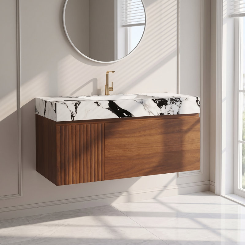 Meuble-lavabo mural simple en noyer de 91 cm (36 po) avec lavabo en céramique, plateau veiné et tiroir, White/Black