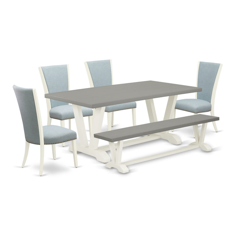 Ensemble de table de cuisine 6 pièces comprenant une table à manger rectangulaire avec pattes en V et 4 chaises Parsons en lin bleu ciel avec banc, multicolore