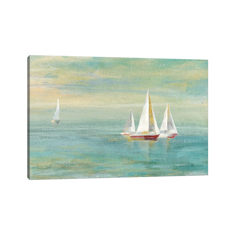 « Sunrise voiliers II Nautical » par Danhui nai, reproduction d’art, H 12 po x l 18 po x 1,5 po, Toile tendue, Pas de tapis