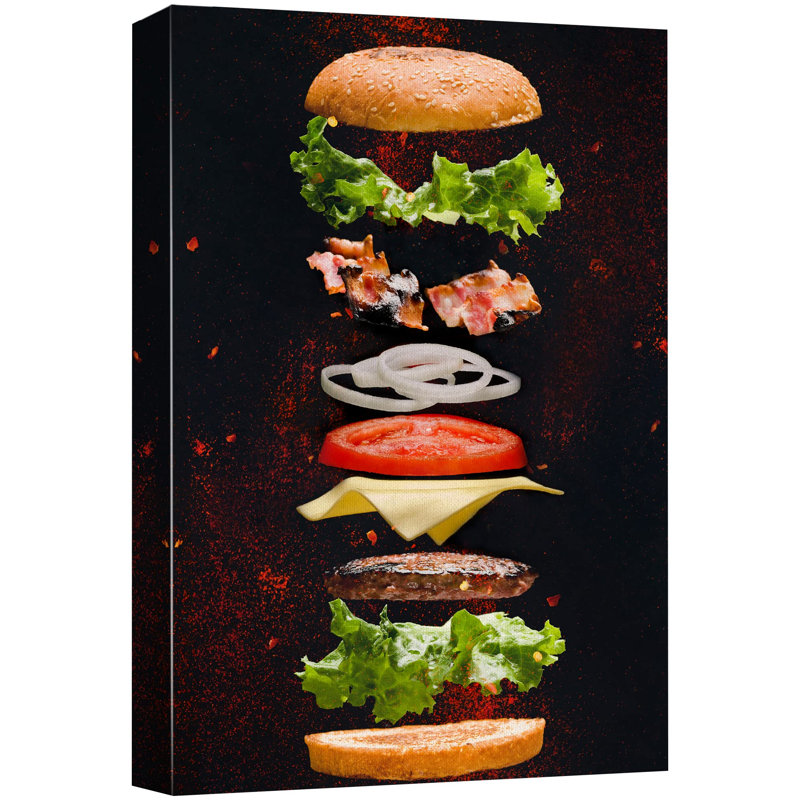 Cheeseburger, ingrédient flottant, explosion, nourriture, photographie culinaire, rustique moderne, H 48 po x l 32 po