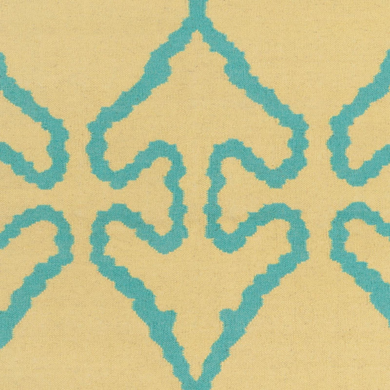 Chevella Authentic Flatwoven Handmade Blue Turquoise & Yellow Reversible Modern Ikat Ogee Trellis Wool & Cotton Area Rug