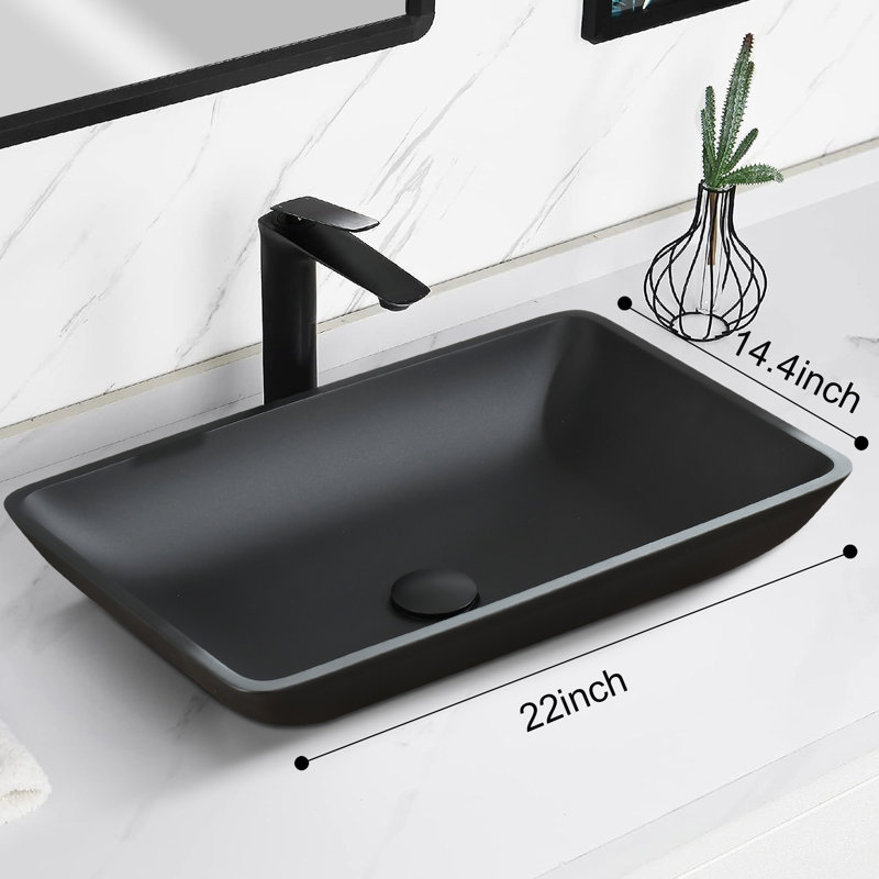 DEJIN 14'' Black Glass Rectangular Bathroom Sink