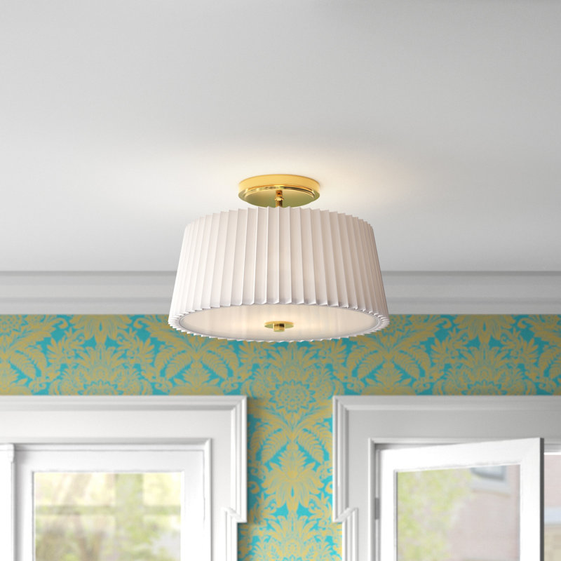White Pleated Fabric Drum Flush Mount with Brass Gold Accents